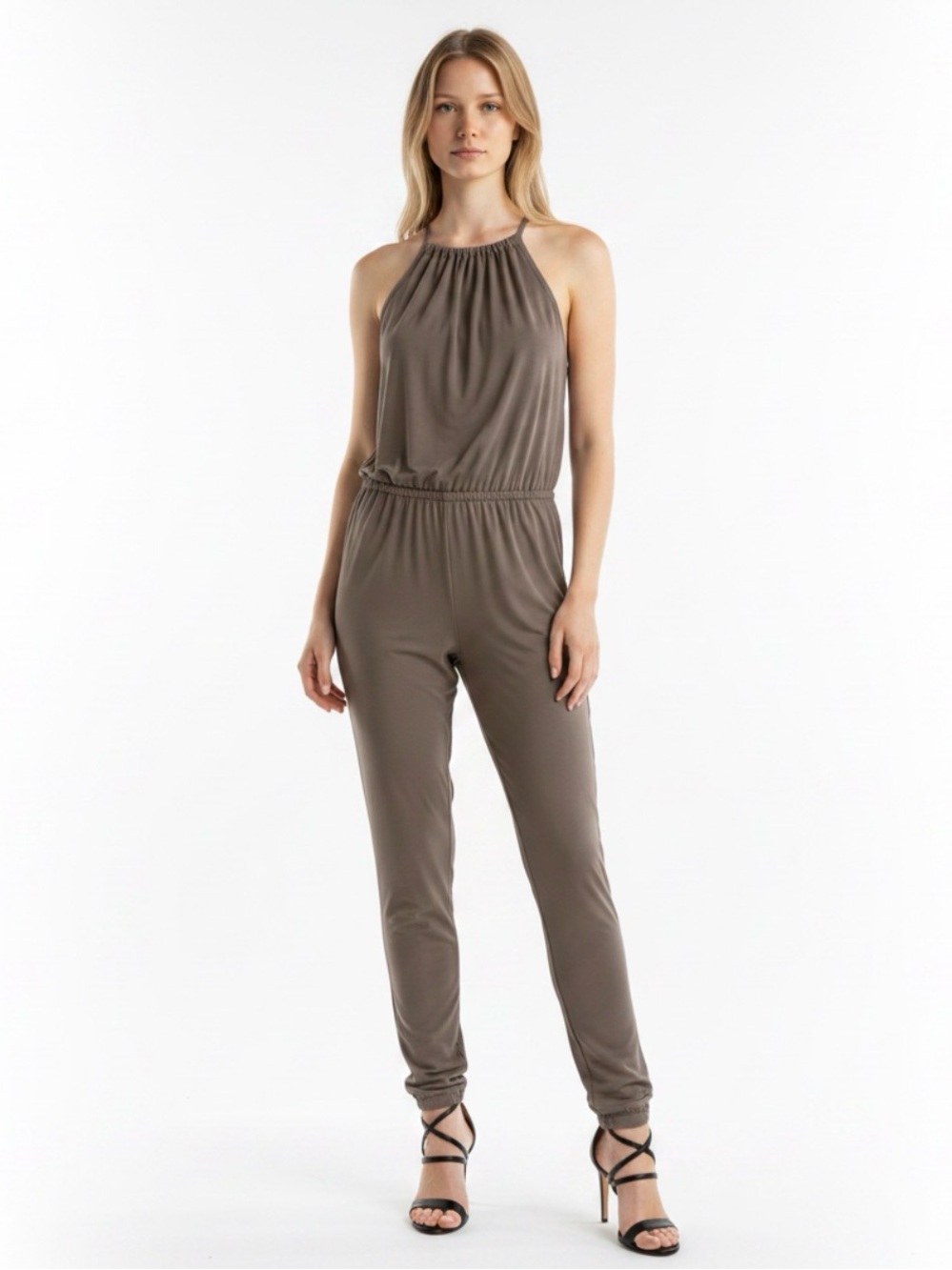 Alexis Sleeveless Halter Jumpsuit in Taupe